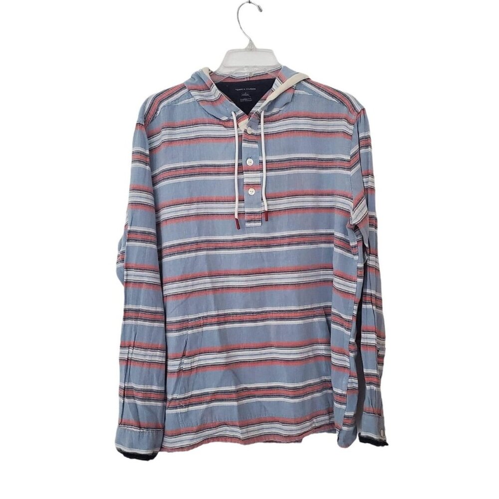 Tommy Hilfiger Hooded Sweatshirt Lightweight Pullover Striped Mens Medium